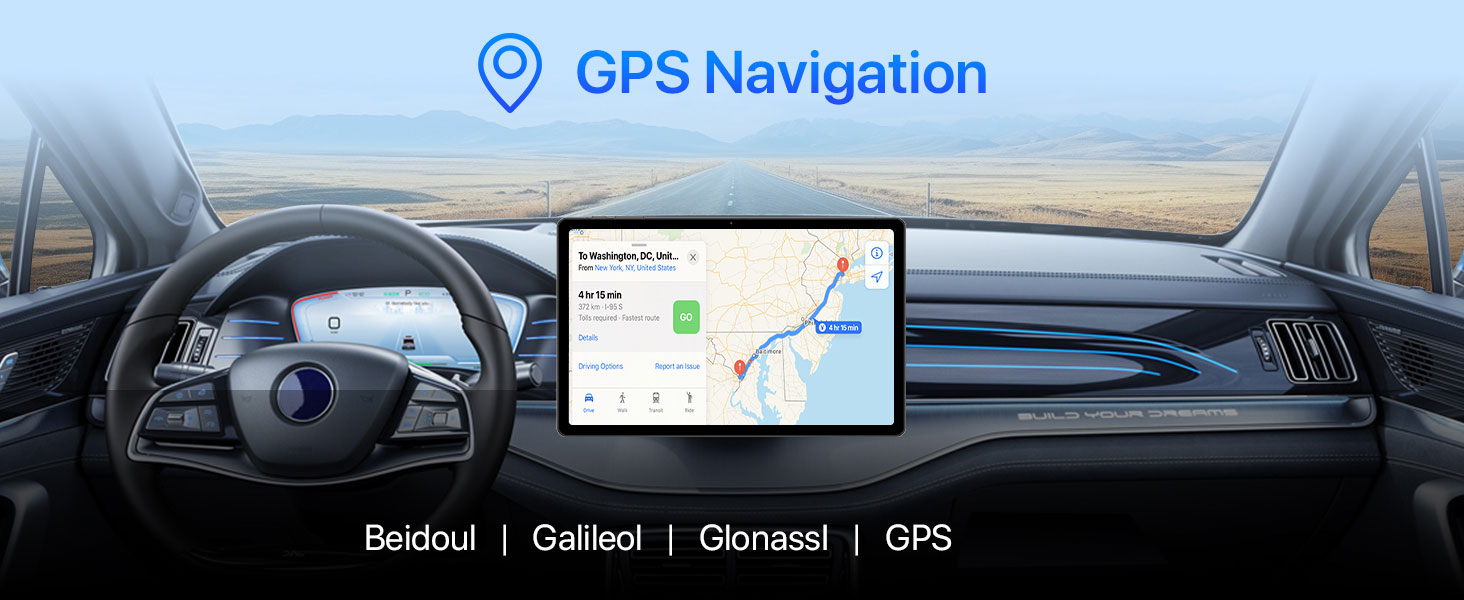 Car interior with large central touchscreen displaying GPS navigation. Steering wheel visible. Text mentions GPS Navigation and satellite systems.