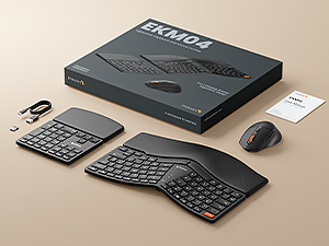 Ergonomic keyboard set with split design, wireless mouse, and numeric keypad. Package includes product box and instruction manual on wooden surface.