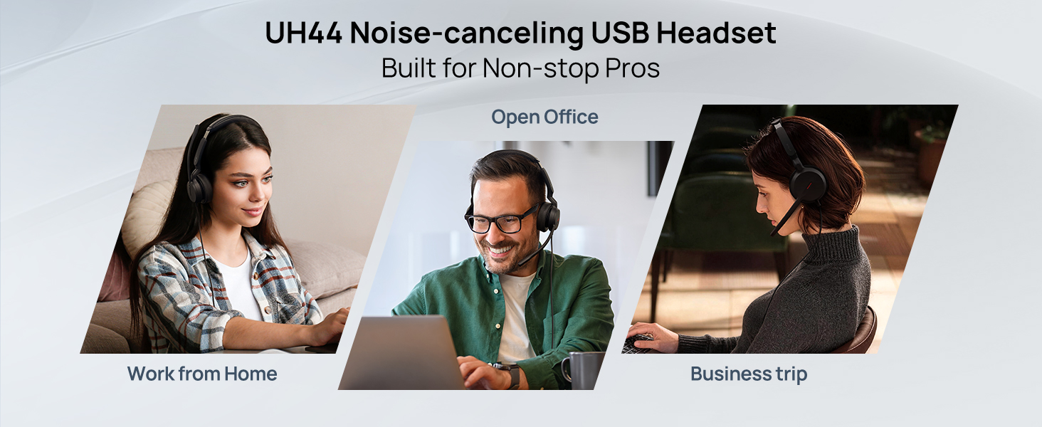 Text reads 'UH44 Noise-cancelling USB Headset Built for Non-stop Pros'. Three images showing people wearing headsets in different office settings.
