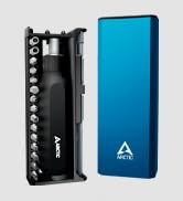 Black ribbed rectangular heatsink or cover with Arctic logo, featuring diagonal grooves across its surface.