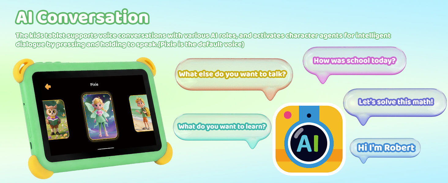 Text reads: 'AI Conversation'. Interface mockup showing chat bubbles and icons in pastel colors with mobile device interface elements against light blue background.