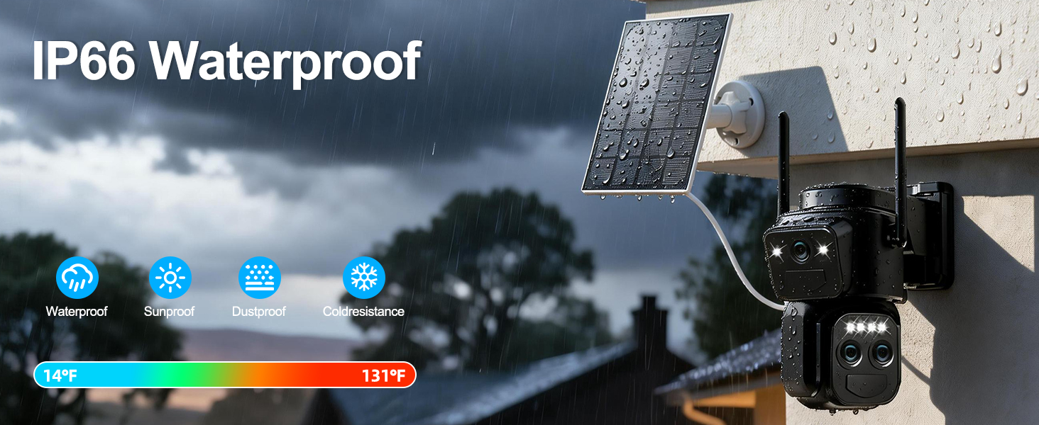 Text reads 'IP66 Waterproof'. Dark action camera with mounting accessories shown with water droplets and outdoor scene overlay.