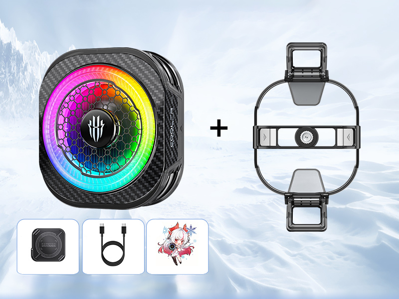 RGB LED ring light with colorful gradient display and compact white smartwatch device, shown with included accessories and cables.