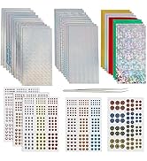 Collection of holographic vinyl sheets displaying various iridescent patterns and textures, arranged in a fan layout. Multiple sheets show rainbow color shifts and geometric designs.