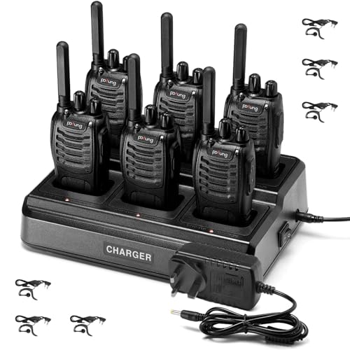 Walkie Talkies PMR446 Long Range 2 Way Radio pofung PT88E License Free Walkie Talkie for Adults Rechargeable with 6 Way Charger Earpieces VOX Flashlight for Warehouse Security Church (Black 6 Pack)