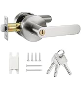 Matte black door lever handle set with keyed entry function, including mounting screws, strike plate, and three silver keys.