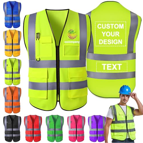 Personalised Hi Vis Vest with Zip Pockets Customised Reflective Safety Security Vests with Logo Customise for Work Constructio