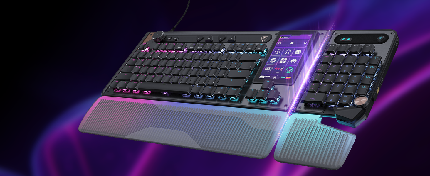 Gaming keyboard with split ergonomic design, featuring purple and black keys, RGB lighting, and detachable numeric keypad against gradient purple background.