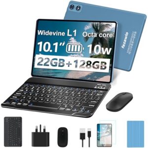 fezawio 2026 New 10 inch Android 14 Tablet|22GB RAM+128GB ROM|1TB Expandable|8000mAh|5G Wi-Fi|Widevine L1|Octa-Core|Keyboard-Mouse-Holster|Premium Entertainment & Light Office - Blue
