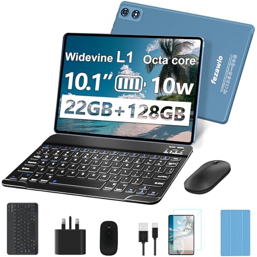 fezawio 2026 New 10 inch Android 14 Tablet|22GB RAM+128GB ROM|1TB Expandable|8000mAh|5G Wi-Fi|Widevine L1|Octa-Core|Keyboard-Mouse-Holster|Premium Entertainment & Light Office - Blue