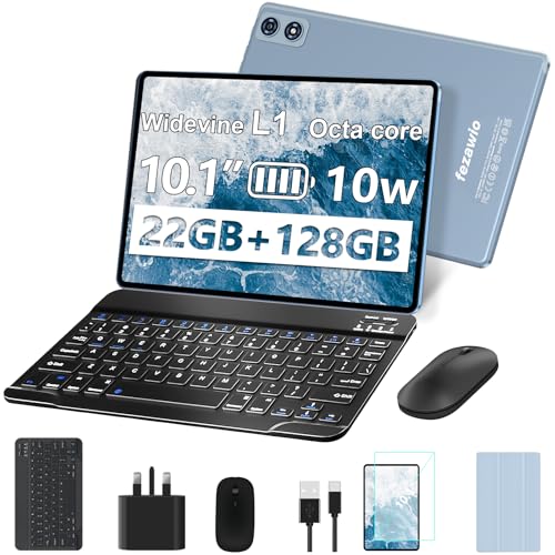 fezawio 2026 New 10 inch Android 14 Tablet|22GB RAM+128GB ROM|1TB Expandable|8000mAh|5G Wi-Fi|Widevine L1|Octa-Core|Keyboard-Mouse-Holster|Premium Entertainment & Light Office - Grey