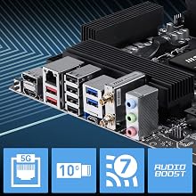 Close-up of a computer motherboard showing circuit patterns, processors, and expansion slots. Small blue logo visible in corner.