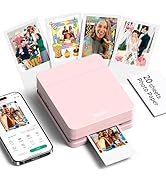 Product demonstration showing compact photo printer device and printed photos. Device appears to connect to smartphone for printing physical photos.