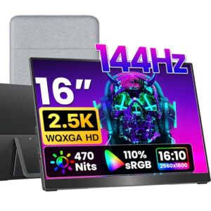 VisionOwl Portable Monitor 16 Inch 2.5K QHD 144Hz 16:10 Portable Screen HDMI USB-C Monitor for Laptop Mac Surface PC PS5 Xbox