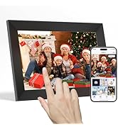 Digital photo frame with smartphone sync capability shown alongside phone app interface. Features built-in stand and touch-interactive display for photo management.