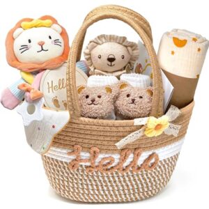 Newborn Baby Gifts Baby Hamper Set with Baby Blanket Lovey Security Blanket Socks Rattle Muslin Cloths Bibs Wooden Milestone Cards New Born Baby Essentials Boys Girls (Brown)