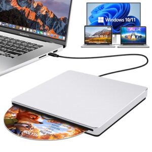 External CD DVD Drive for Laptop: Portable USB C CD Burner Reader DVD Player for Mac MacBook PC Windows 11 with USB3.0 Adapter Aluminum Alloy Slot-in SuperDrive for Apple