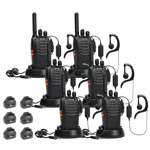 PMR446 Walkie Talkies License Free Handheld Two Way Radio pofung PT88E Long Range Walkie Talkie with 16 Channels Scan Earpieces Flashlight for Camping Warehouse Security Church School (Black 6 Pack)