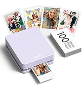 Text reads: '100 PHOTO SHOTS'. Mint green portable photo printer shown with printed photos displayed above it, demonstrating instant photo printing capability.