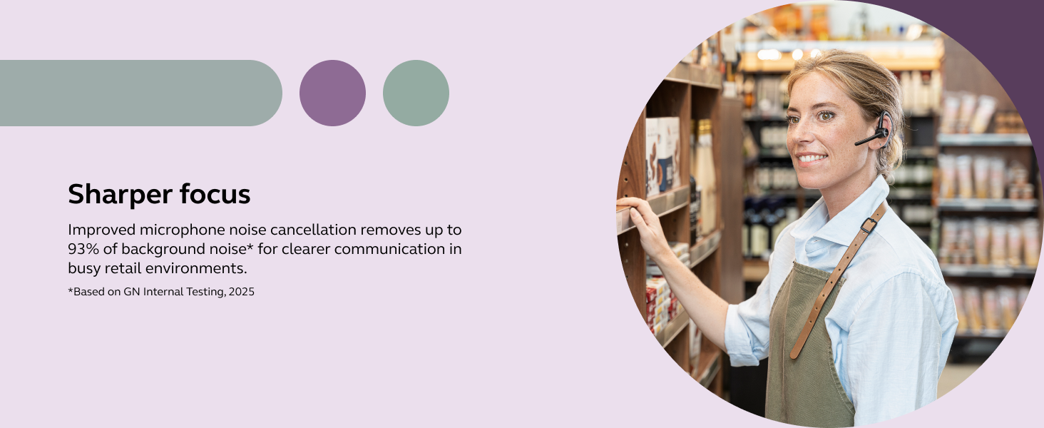 Text reads 'Sharper focus'. Meeting environment with soft purple and teal design elements in background.