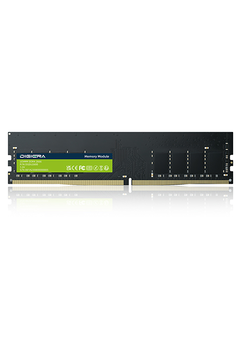Computer RAM memory module with green circuit board and gold connectors, showing typical DDR4 or DDR5 form factor for desktop or server systems.