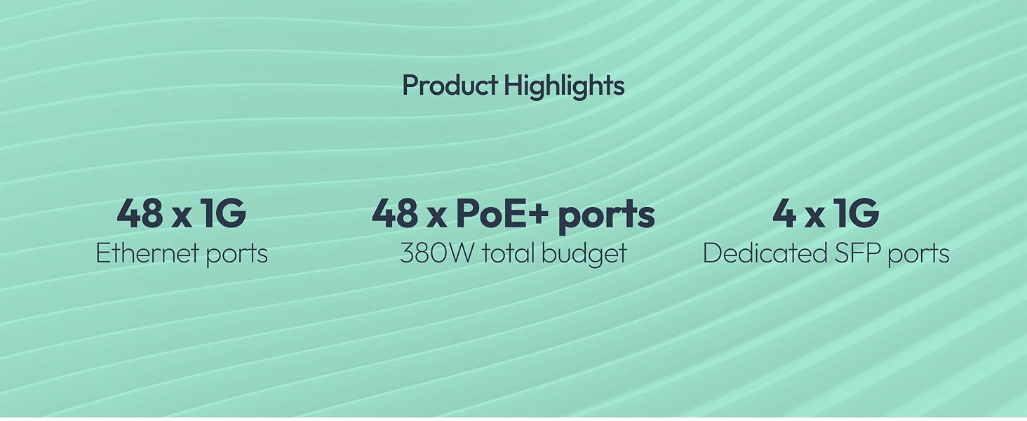 Text reads 'Product Highlights', '48 x 1G', '48 x PoE+ ports', '4 x 1G'. Technical diagram showing network port specifications on mint green background.