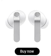 Text reads 'Buy now'. Black wireless earbuds displayed with charging case from multiple angles.