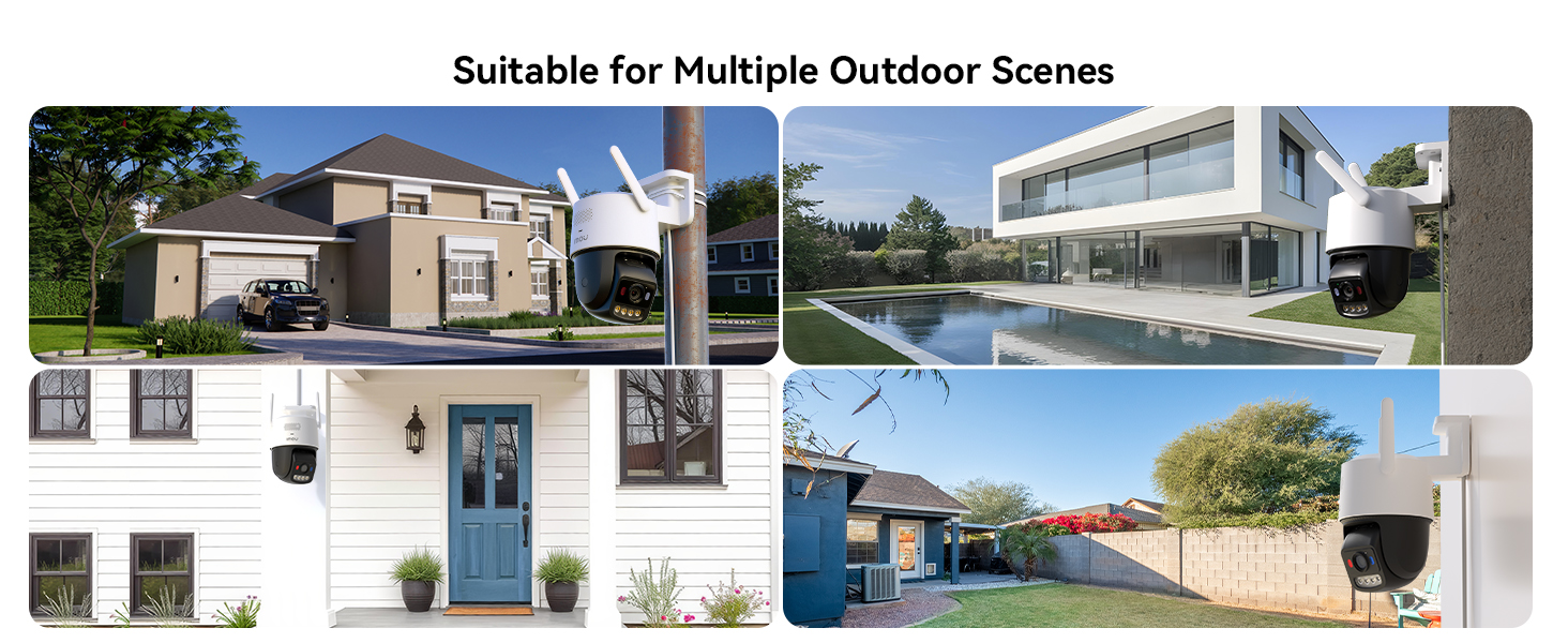 Text reads 'Suitable for Multiple Outdoor Scenes'. Series of architectural photographs showing modern homes and buildings with glass facades and outdoor spaces.
