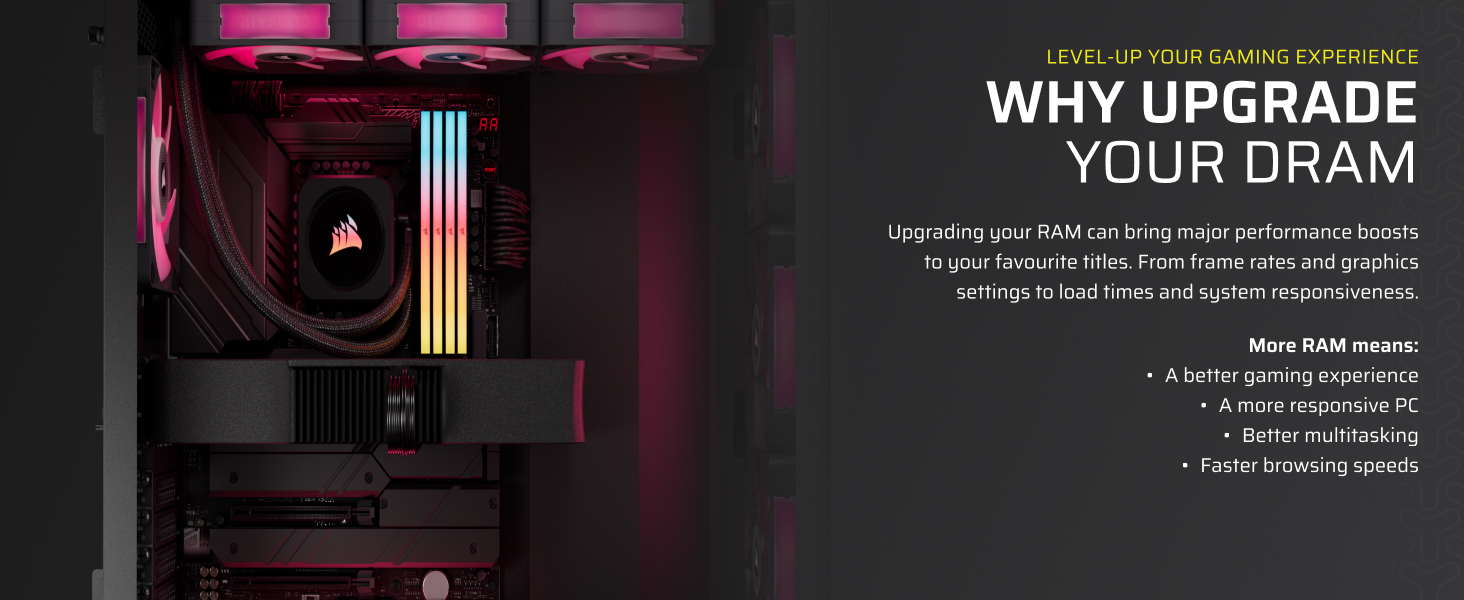 Text reads 'WHY UPGRADE YOUR DRAM' against dark background with purple and blue lighting effects in what appears to be a gaming or tech environment.
