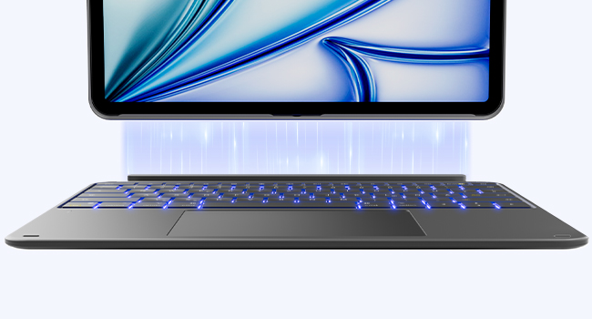 Multiple angles of a sleek laptop featuring blue backlit keyboard and slim profile design.