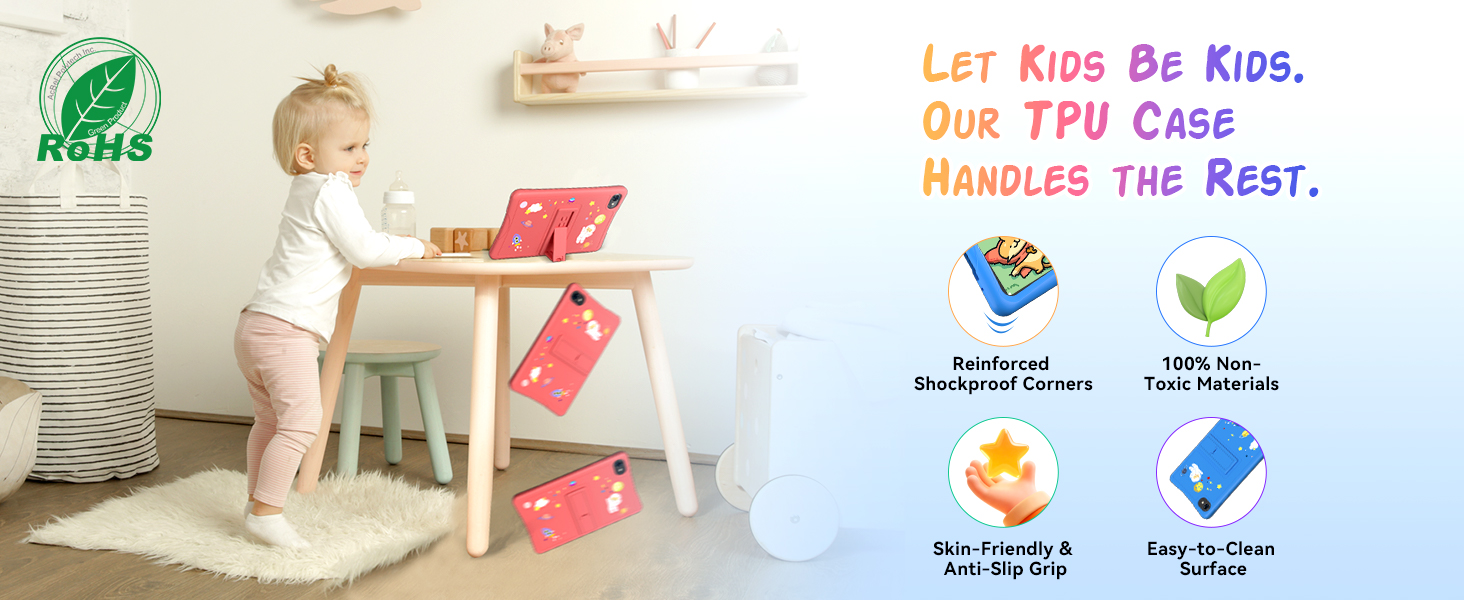 Text reads 'Let Kids Be Kids, One TPU Case HANDLES THE REST' with KOPROL branding. Child sitting at desk with red toy furniture. Product icons show protective case features and benefits.