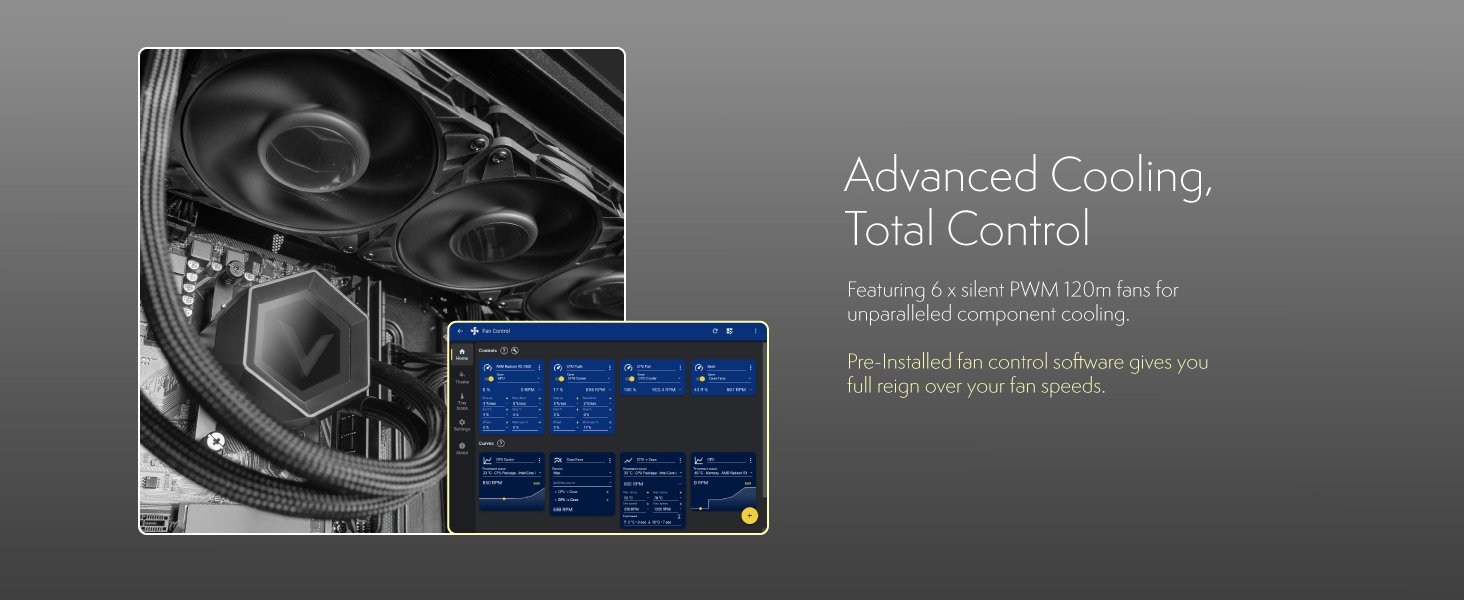 Text reads 'Advanced Cooling, Toxic Combo'. Engine with blue digital control interface showing fan speed management. Desktop software displayed for cooling system control and monitoring.