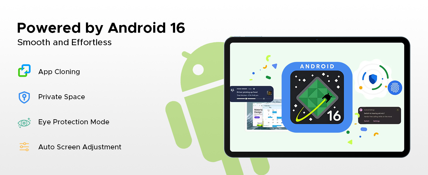 Text reads 'Powered by Android 16'. Interface screenshots showing mobile app screens with various functions including GPS tracking and security features.