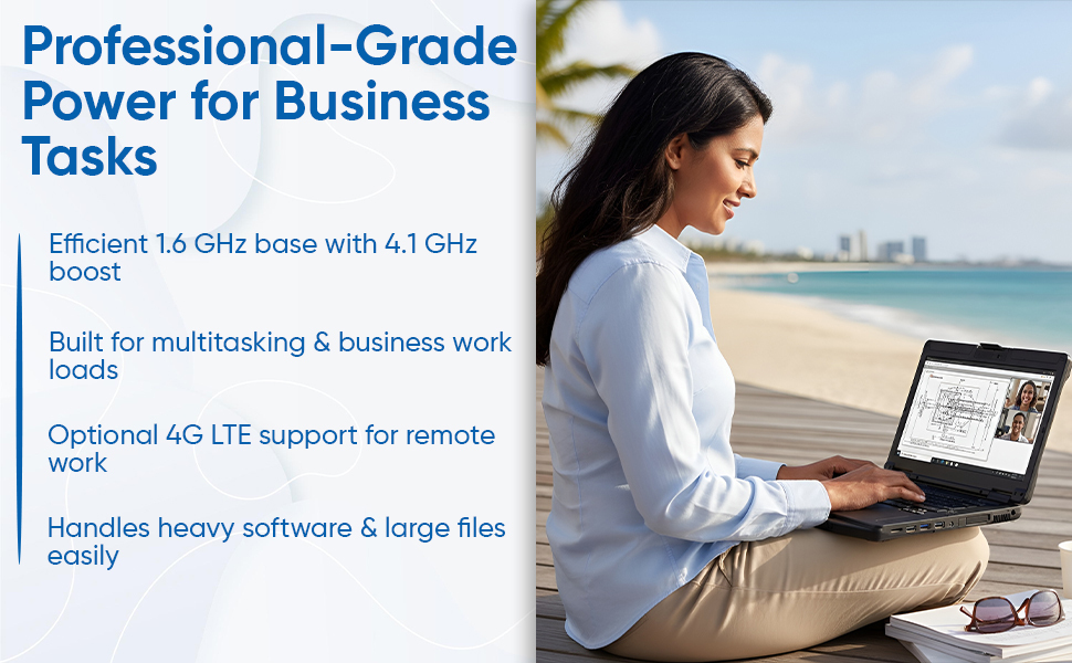 Text reads 'Professional-Grade Power for Business Tasks'. Technical diagram showing laptop specifications and connectivity features with blue information graphics.