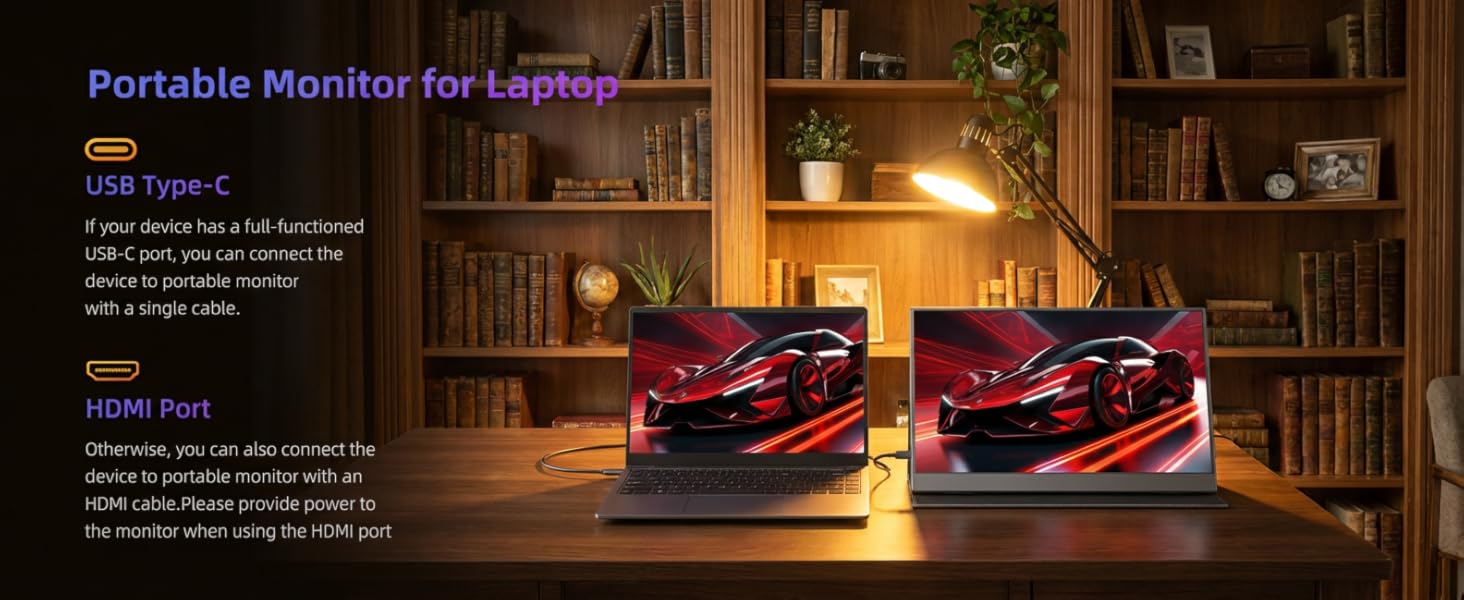 Text reads 'Portable Monitor for games.' Product advertisement showing red-lit gaming monitors in library setting with bookshelves in background.