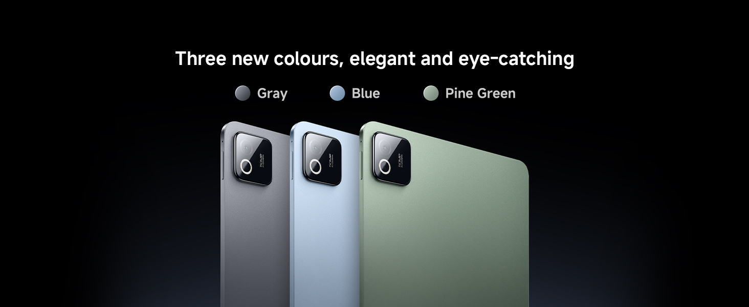 Text reads 'Three new colours, elegant and eye-catching' with 'Gray', 'Blue', 'Pine Green' color options. Shows three electronic devices in different colors against dark background.