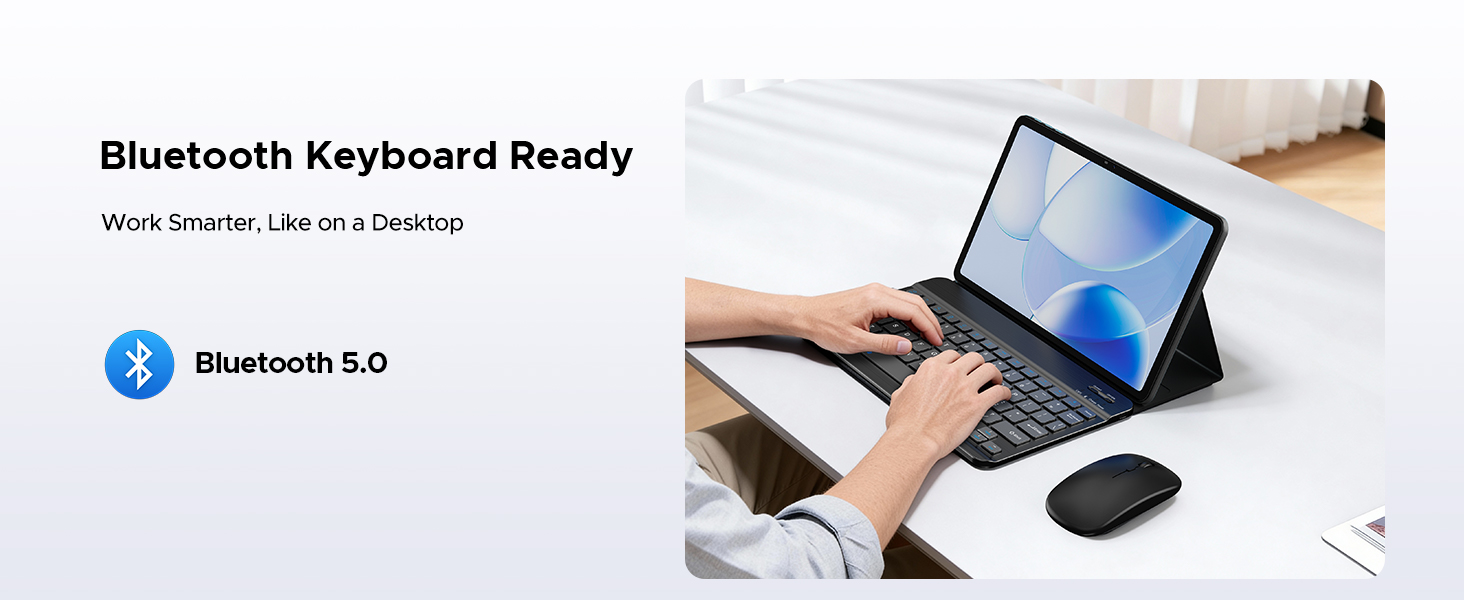 Text reads 'Bluetooth Keyboard Ready' with Bluetooth 5.0 icon. Shows laptop and wireless mouse on white desk surface, demonstrating wireless keyboard connectivity.