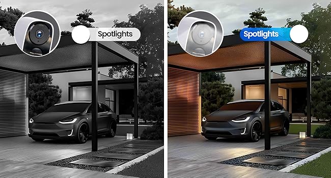 Text reads 'Image 2', 'Spotlights'. Sequence of images showing exterior home lighting transitions, featuring a modern house and parked vehicle at night.