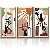 ZEJEXXB 3 PCS Boho Wall Art Set Hanging Wooden Cat Wall Decor Abstract Boho Black Cat Walls Art F...