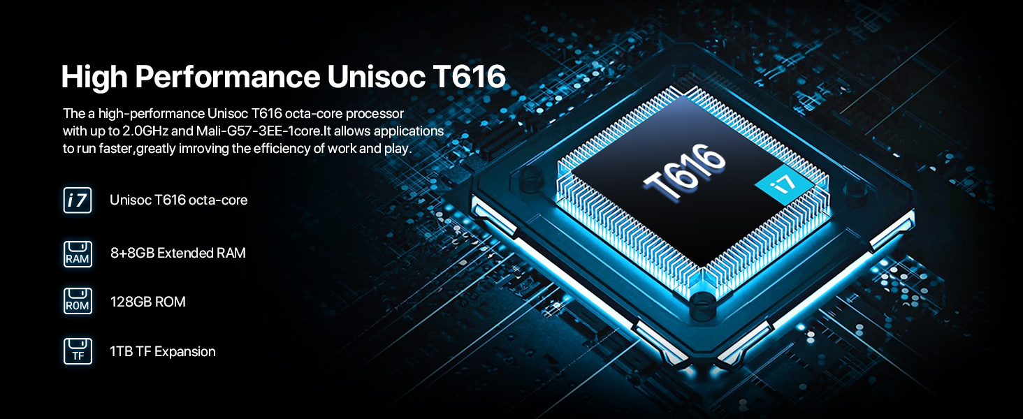Technical marketing image of Unisoc T616 processor chip, displayed with blue illumination against dark background with specifications overlay.