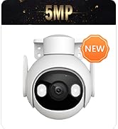 White security camera with dual lenses. Text indicates '3MP+5MP' resolution. 'NEW' label visible. Camera mounted on adjustable bracket.