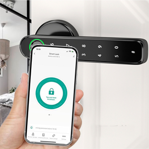 Electronic door lock with black circular sensor. Green key fob labeled 'SMART LOCK' approaching, surrounded by blue wireless signal indicators.
