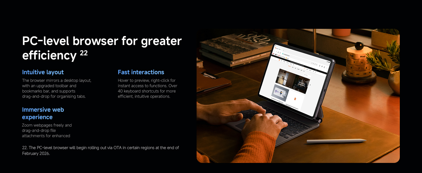 Text reads 'PC-level browser for greater efficiency'. Shows desktop computer setup with browser interface displayed on screen.