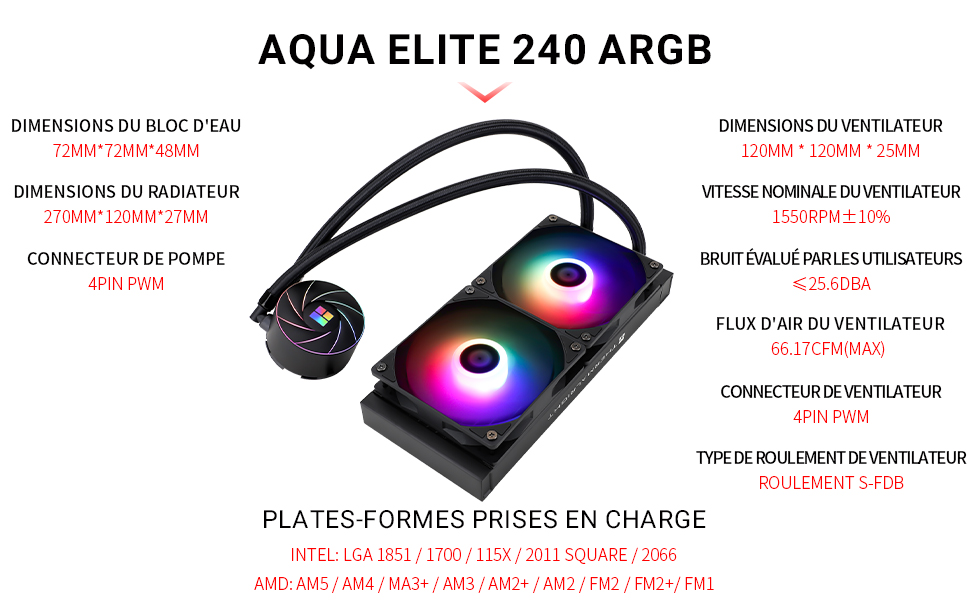 Text reads 'AQUA ELITE 240 ARGB'. Product image of a computer cooling system with RGB lighting features and technical specifications listed in French.