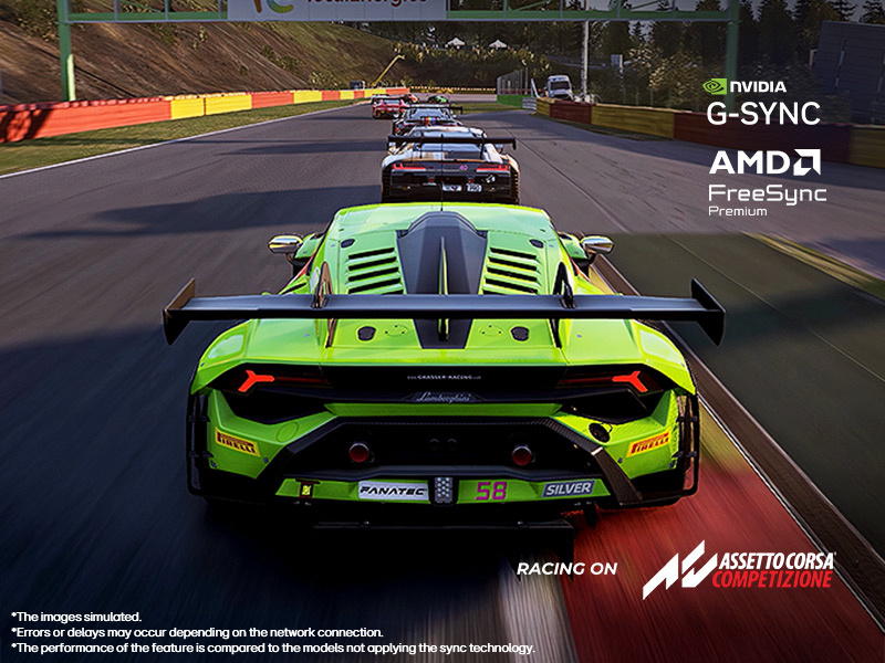 Text reads 'AMD FREESYNC' and 'G-SYNC'. Racing game screenshots showing neon green sports car on racetrack, demonstrating gaming display technology.