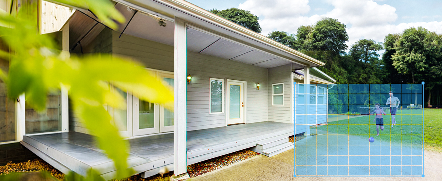 Exterior of a single-story house with a porch and white siding. Blue overlay highlights an area, possibly indicating a security or monitoring feature.