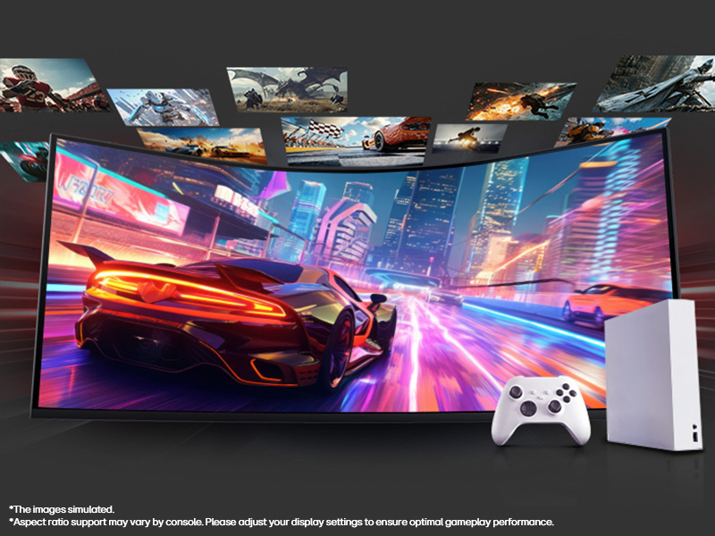 Text reads '*Have a bigger advantage'. Curved gaming display showing vibrant neon cityscape racing scene with sports car, alongside white gaming controller and console.