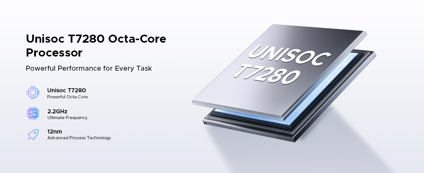 Text reads 'Umidigi TF280 Octa-Core Processor'. Product promotional image showing smartphone processor chip and technical specifications.