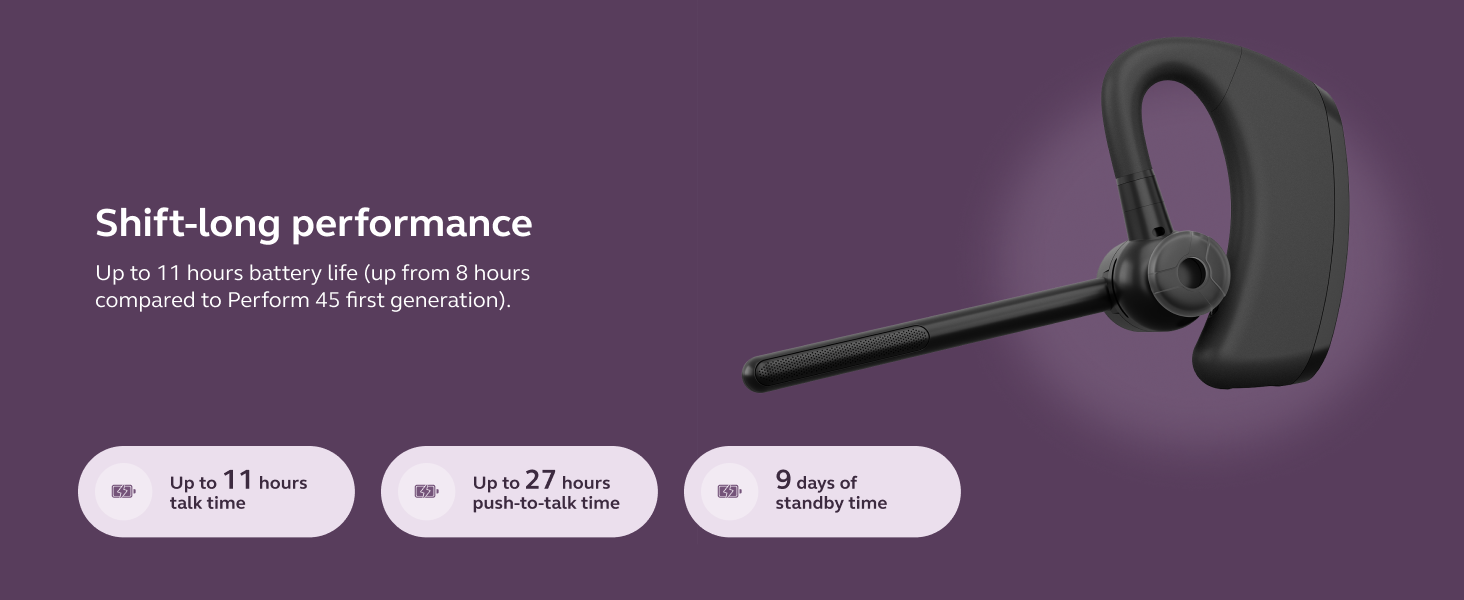 Text reads 'Shift-long performance'. Product image showing a dark-colored wireless headset or communication device against purple background.