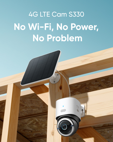 4G LTE security camera with solar panel mounted on wooden frame. White cylindrical camera body with black lens. Text: '4G LTE Cam S330 No Wi-Fi, No Power, No Problem'.